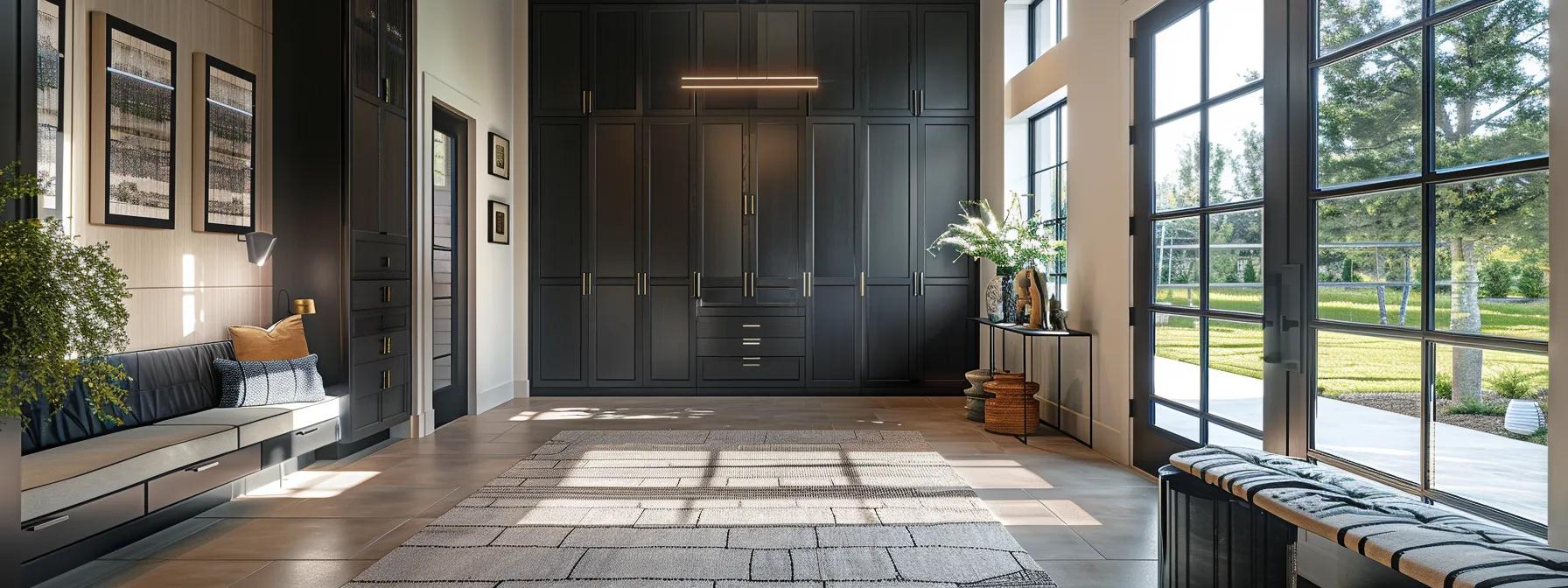 a modern home entryway features sleek, stylish lockers in a variety of finishes, elegantly organized to showcase personalized storage solutions that blend seamlessly with contemporary decor and promote an inviting, clutter-free environment.
