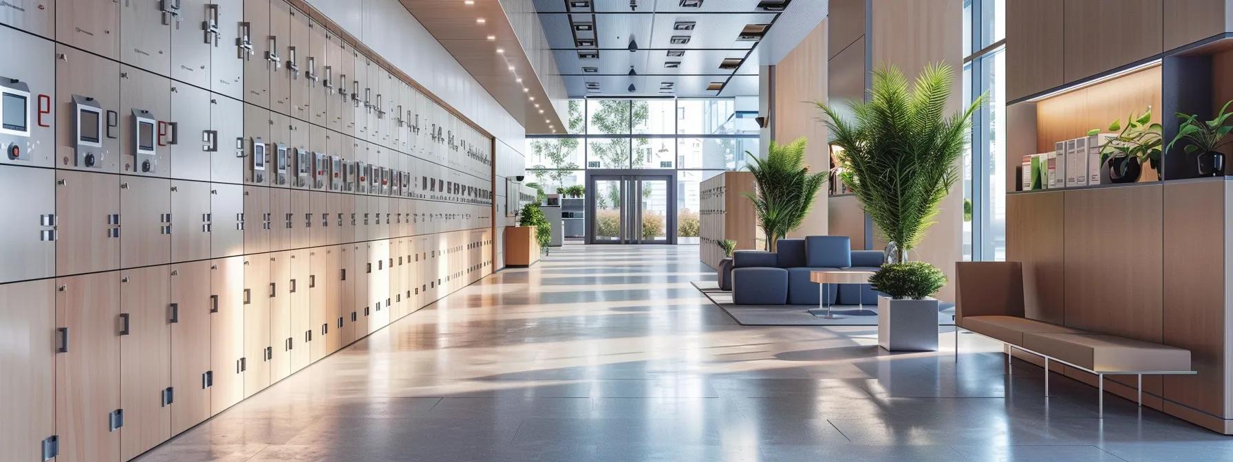 a modern office interior showcases sleek, organized lockers with antimicrobial surfaces, prominently displayed in a well-lit space that emphasizes cleanliness and functionality, illustrating the importance of dedicated storage in maintaining a tidy and efficient environment.