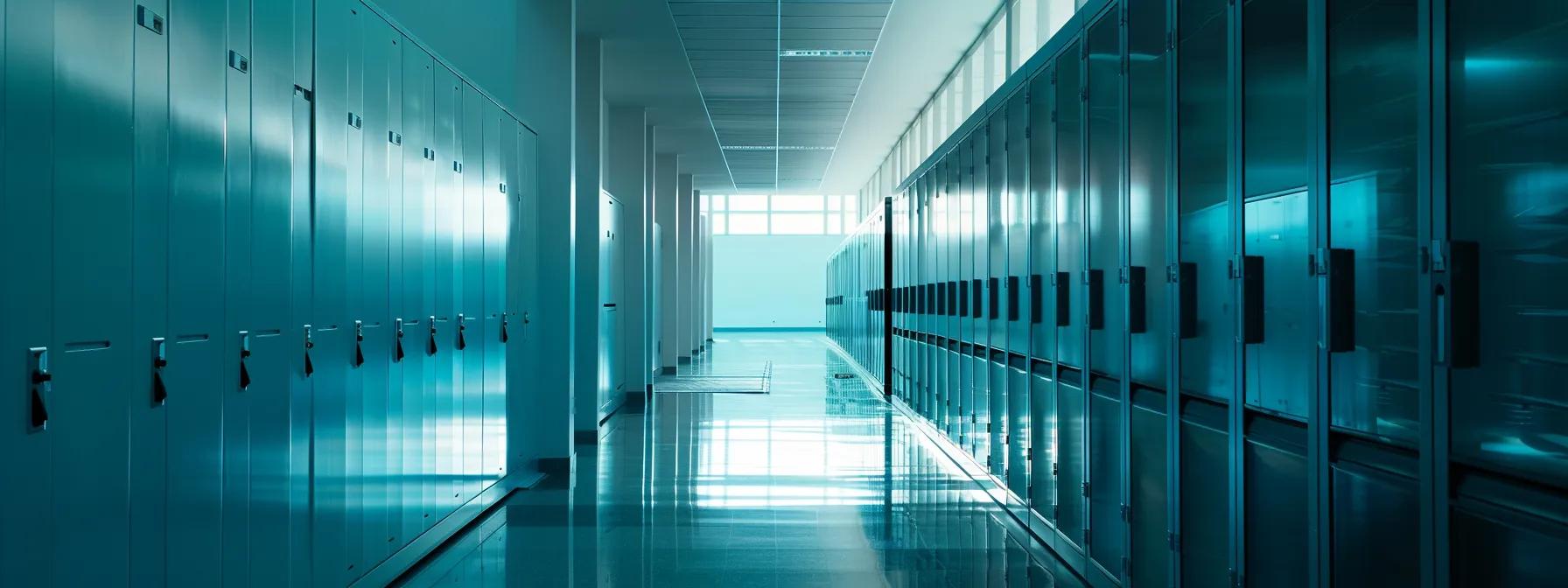a sleek, modern office corridor features a row of high-security lockers made from heavy-duty steel, showcasing a tidy and organized environment that highlights space optimization and enhanced functionality for personal and commercial storage needs.