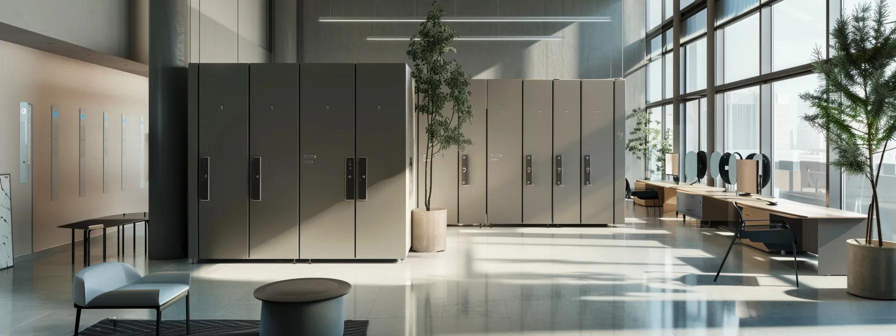 a sleek, modern office interior showcases a range of style-diverse lockers, highlighting their varying sizes and materials, with a focus on functionality and user accessibility in a well-organized storage area.