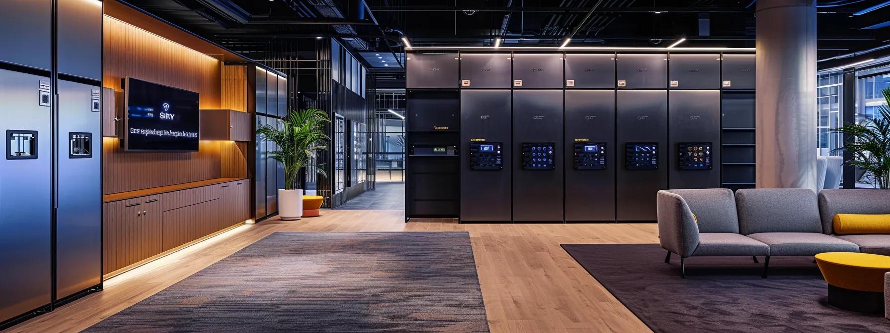 a sleek, modern office interior showcases rows of smart lockers integrated into a collaborative workspace, featuring contemporary design elements and electronic access controls, highlighting efficiency and organization in a vibrant professional environment.