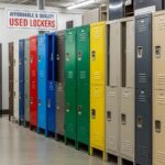 Colorful used lockers displayed in a storage area, highlighting affordable storage solutions