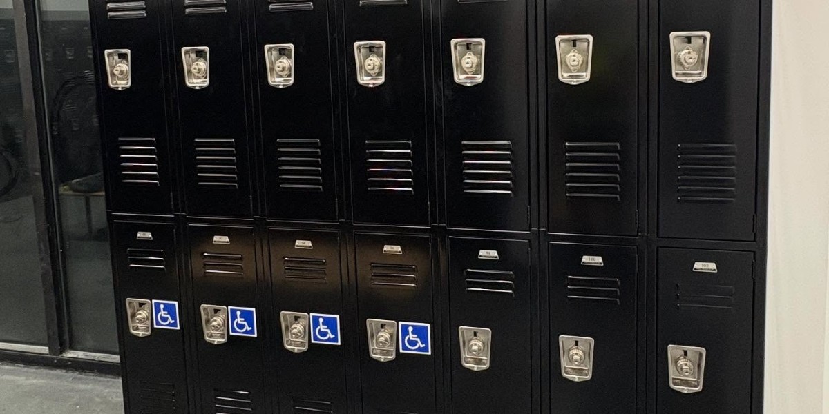 Black metal lockers with built-in locks, featuring blue and white accessibility symbols on the bottom row.