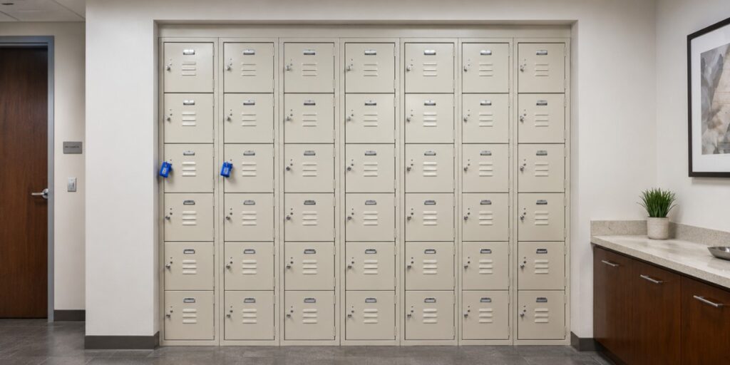 High-resolution row of cream-colored metal lockers in a clean, modern indoor hallway with blue locks, tiled flooring, and a countertop cabinet.