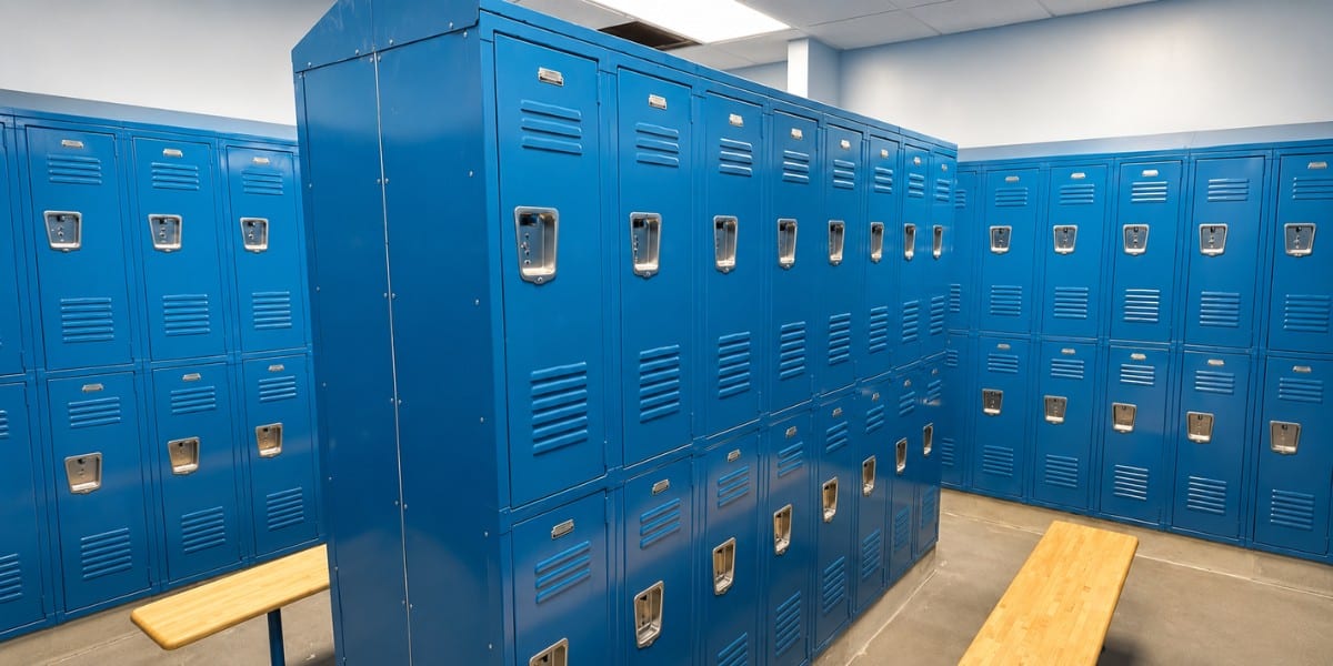 Untitled design (64) Modern locker room with rows of blue metal lockers, wooden benches, and bright overhead lighting in a clean, organized changing area.