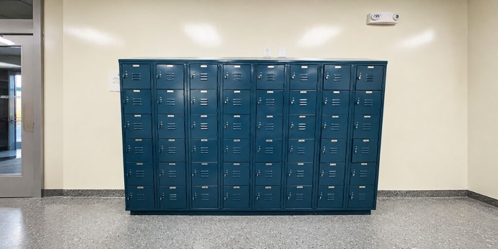 Blue metal storage lockers in a clean indoor hallway.